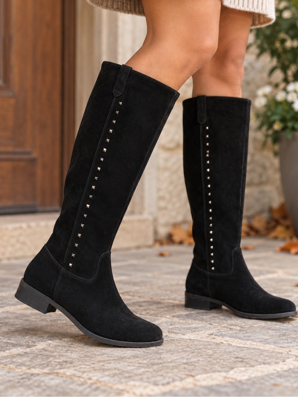 Marc Fisher Black Suede Studded Knee-High Boots Wide Calf